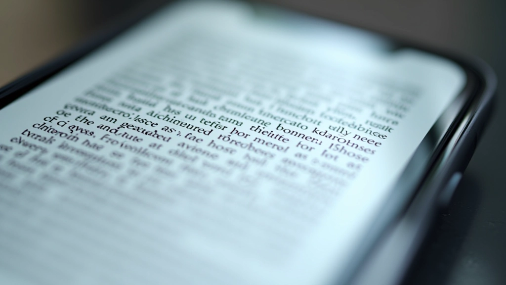 Close-up di schermo smartphone con testo nitido, display AMOLED, focus su tipografia, risoluzione alta