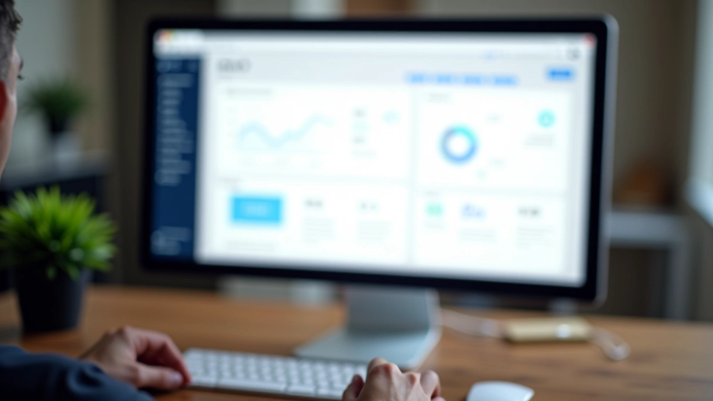 Desktop con schermo che mostra dashboard di metriche tipografiche, numeri e grafici, professionale