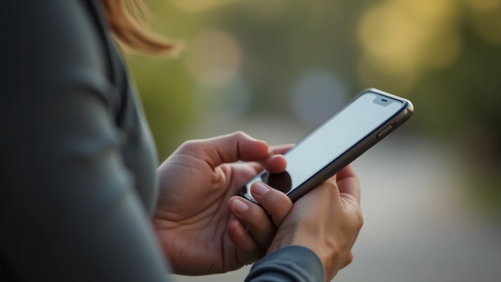 Mano che regge smartphone durante test di leggibilità, persona in ambiente naturale, focus su schermo