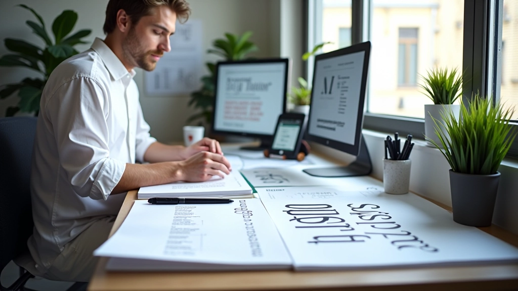 Studio tipografico con campioni di font, quaderni di progettazione e display per test di leggibilità ad alta densità, scrivania ordinata in ambiente moderno di design